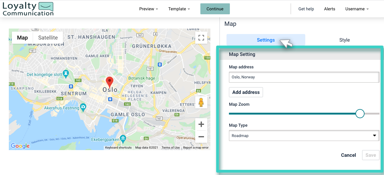 Landing page map. The settings tab is highlighted