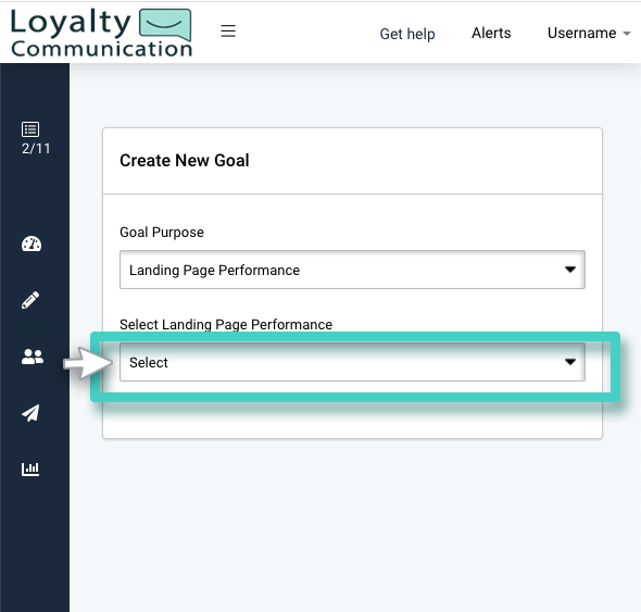 Landing page selection for performance goals. Select landing page performance KPI