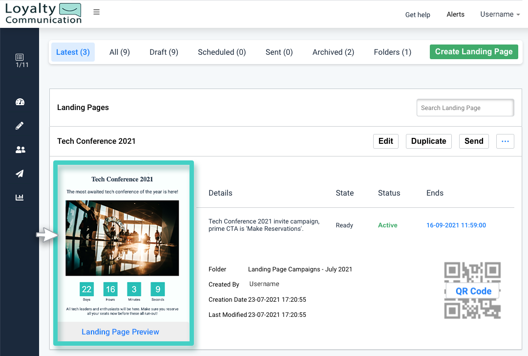 Landing page preview Landing page creations, landing page preview is highlighted