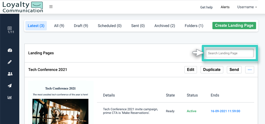 Landing page search Landing page manager. The search landing page field is highlighted