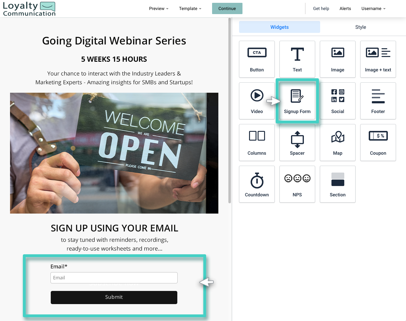 Landing page builder, email signups. Signup form widget highlighted