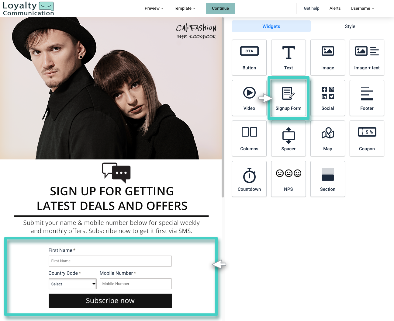 Landing page builder, mobile signups. Signup form widget highlighted