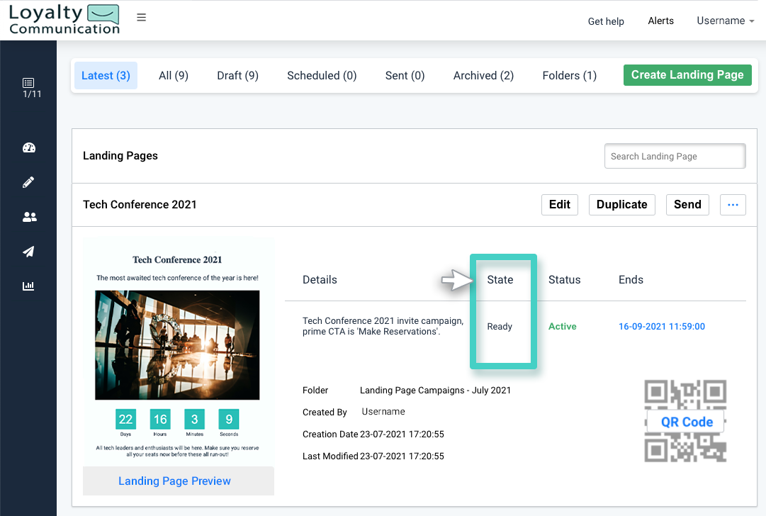 Landing page state Landing page manager, landing page activation state is highlighted
