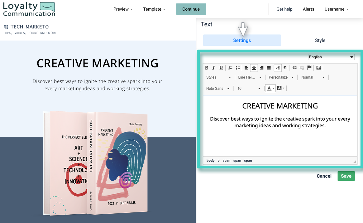 Landing page text widget settings highlighted