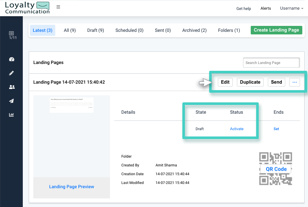 Landing page duplicate state and status Landing page creations, landing page state and status is highlighted