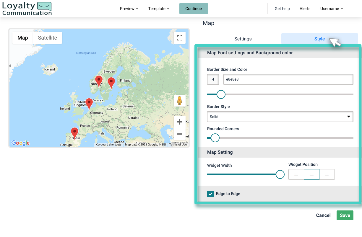Landing page map. The style button is highlighted