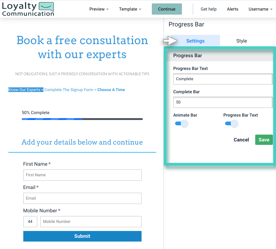 Landing page progress bar settings Landing page progress bar. The settings tab is highlighted