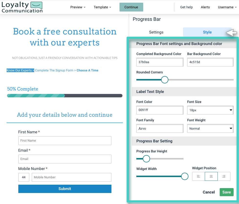 Landing page progress bar style Landing page progress bar. The style tab is highlighted
