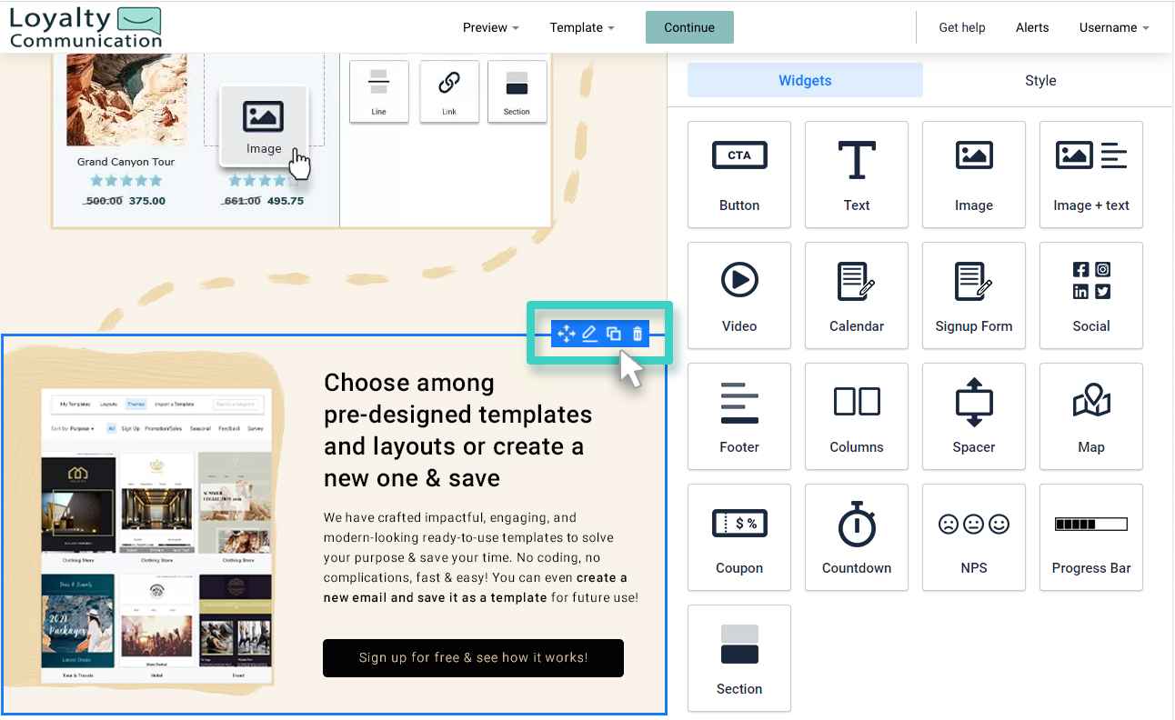 Landing page section. Landing page section is selected, and shows section actions