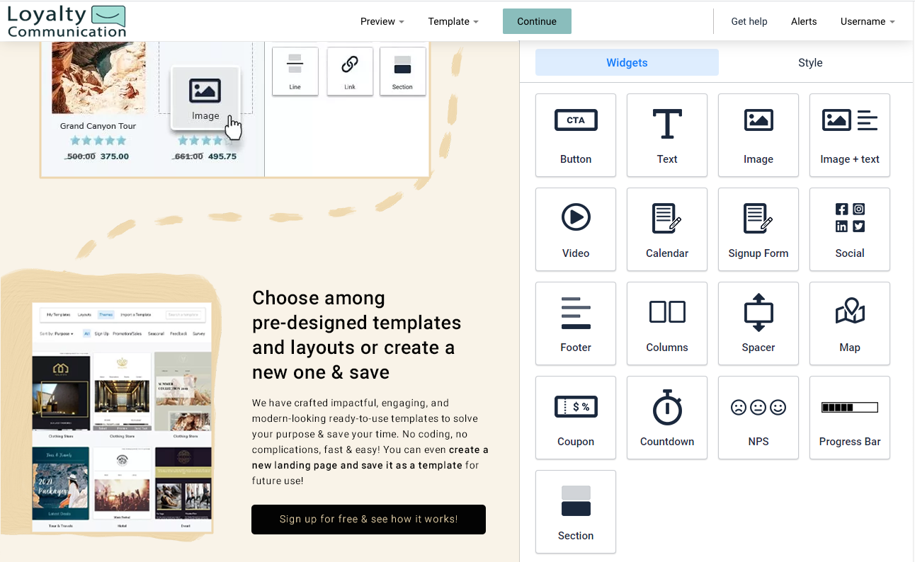 Landing page section. Elements are added to the workspace