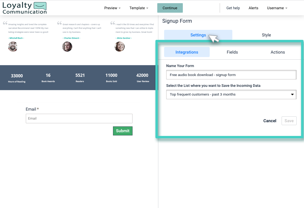 Landing page signup form settings Landing page signup form. The signup form widget settings tab is highlighted