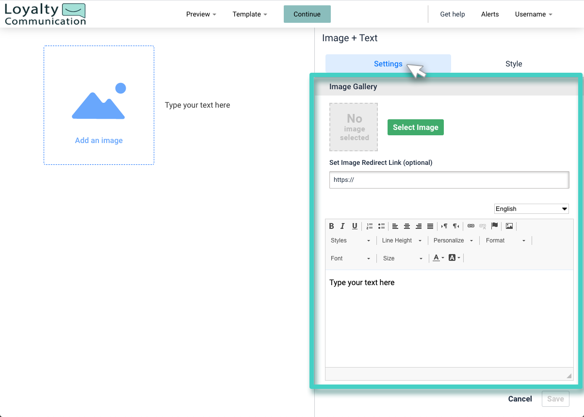 Landing page image and text widget. The settings tab is highlighted