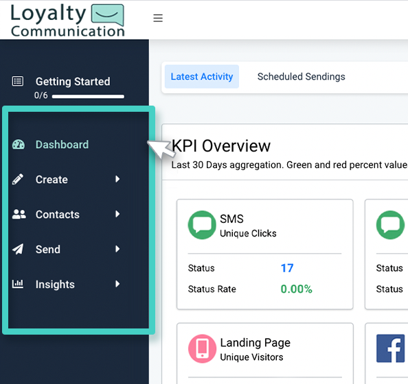 Loyalty Communication, all the menu options in the main menu