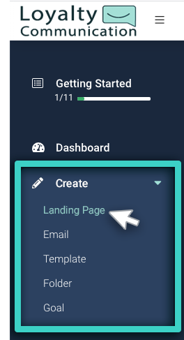 Landing page main menu Landing page manager, create menu. Landing page is is highlighted