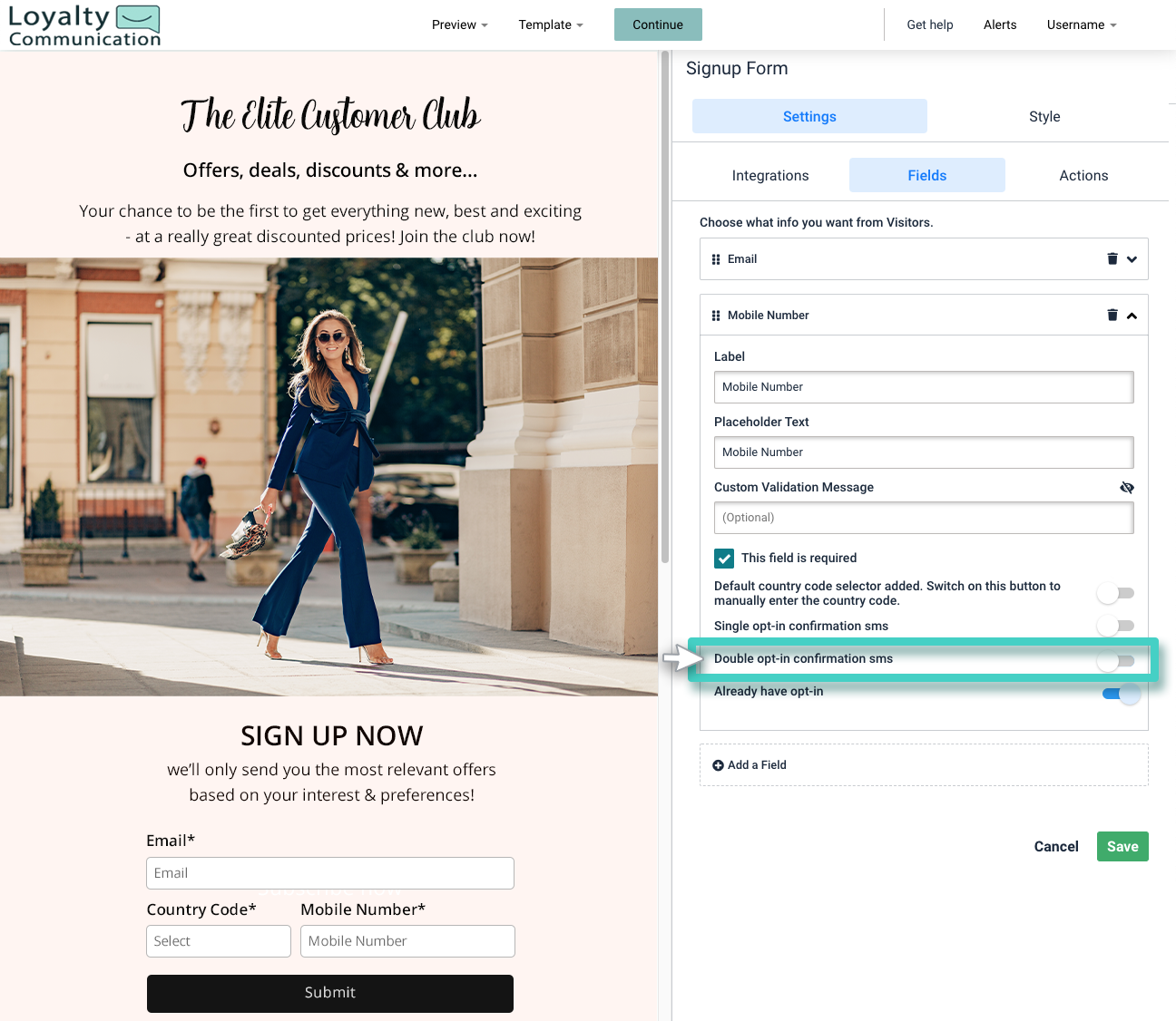 Double optin SMS signups settings. Alternative double opt-in confirmation SMS highlighted