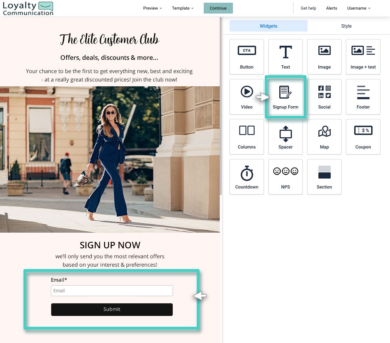Double optin SMS sign ups, landing page workspace. Insert signup form widget