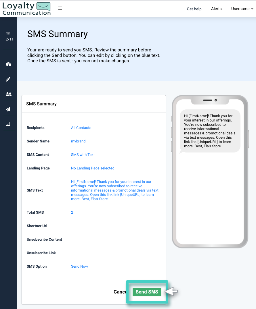 SMS sending summary. Recipients, sender name, content, landing page and preview