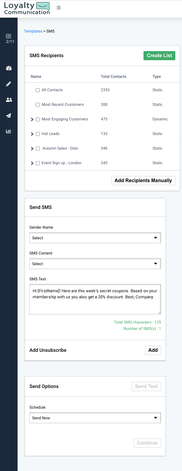 SMS campaign, SMS recipients. Create list or add recipients manually