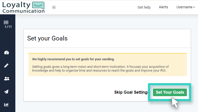 SMS with landing page, set campaign goals. Goals button highlighted