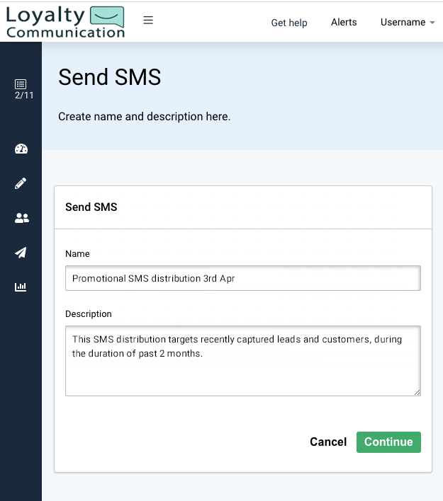 SMS campaign sending, set Name and description