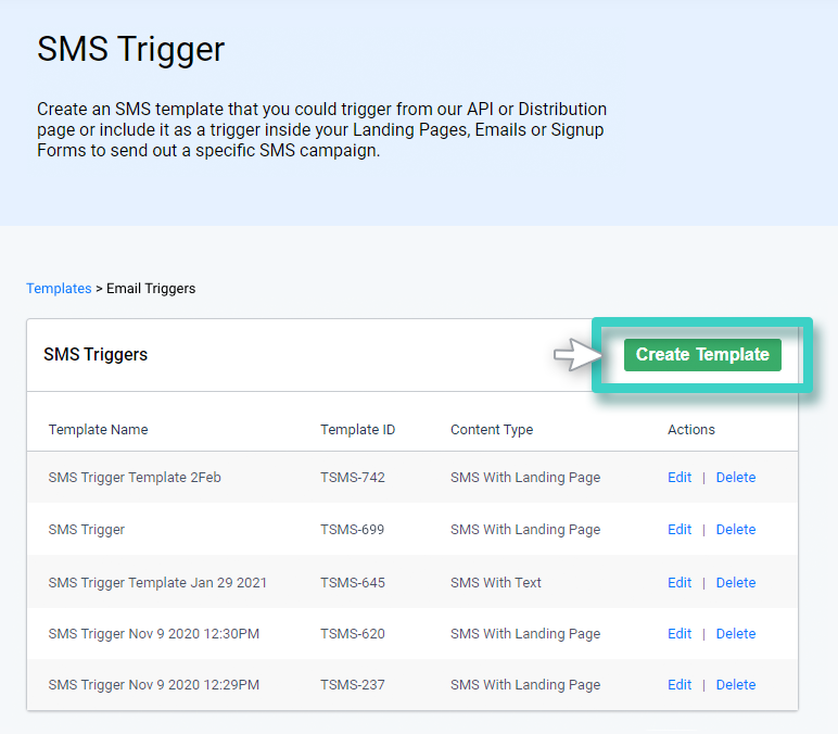 SMS trigger templates. The create template button is highlighted