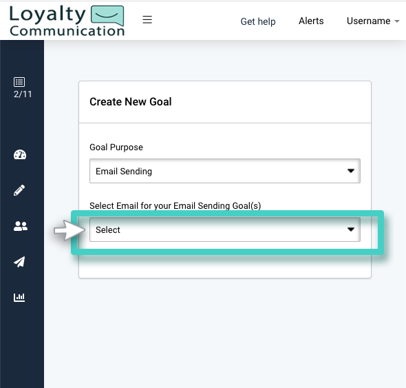 Email sending goals, previous campaign. Select email for your email sending goals