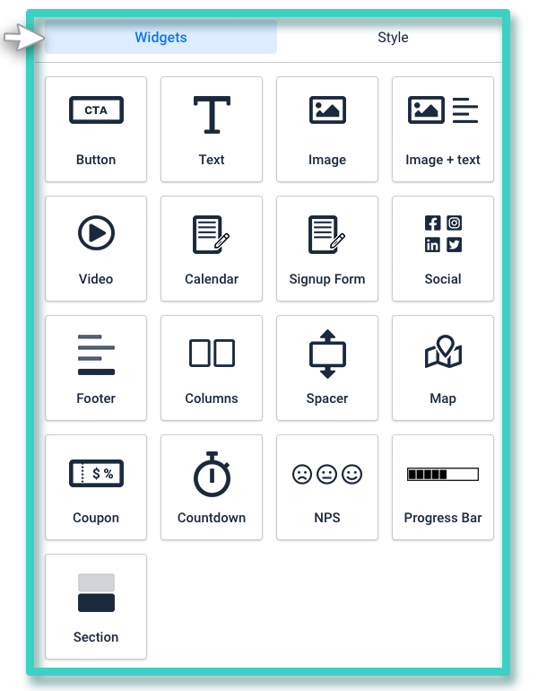 Landing page widgets The landing page builder different widgets