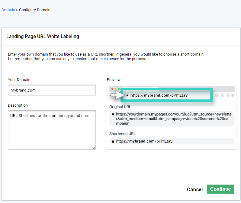 URL shortener with whitelabeling browser tab view