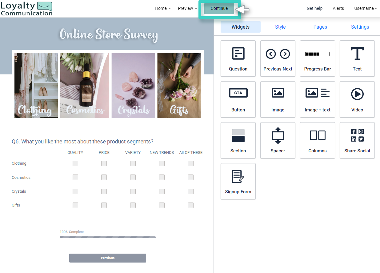 Save created Survey New Survey, survey builder. The continue button is highlighted