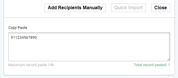 SMS Copy Paste recipients. Copy Paste area with record is visible.
