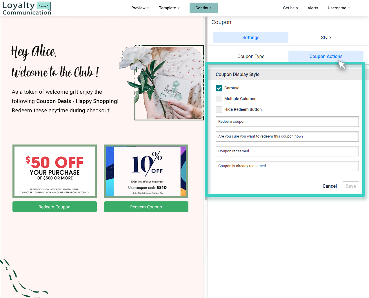 Enter appropriate coupon action texts - Landing Page Builder