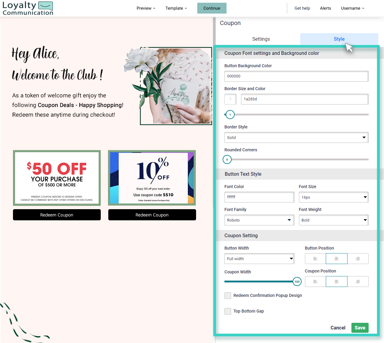 Landing page widget coupon styling