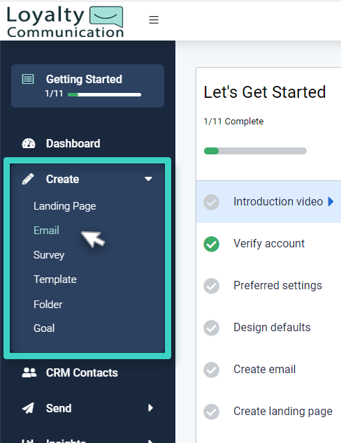 New email campaign, create menu. Email is highlighted