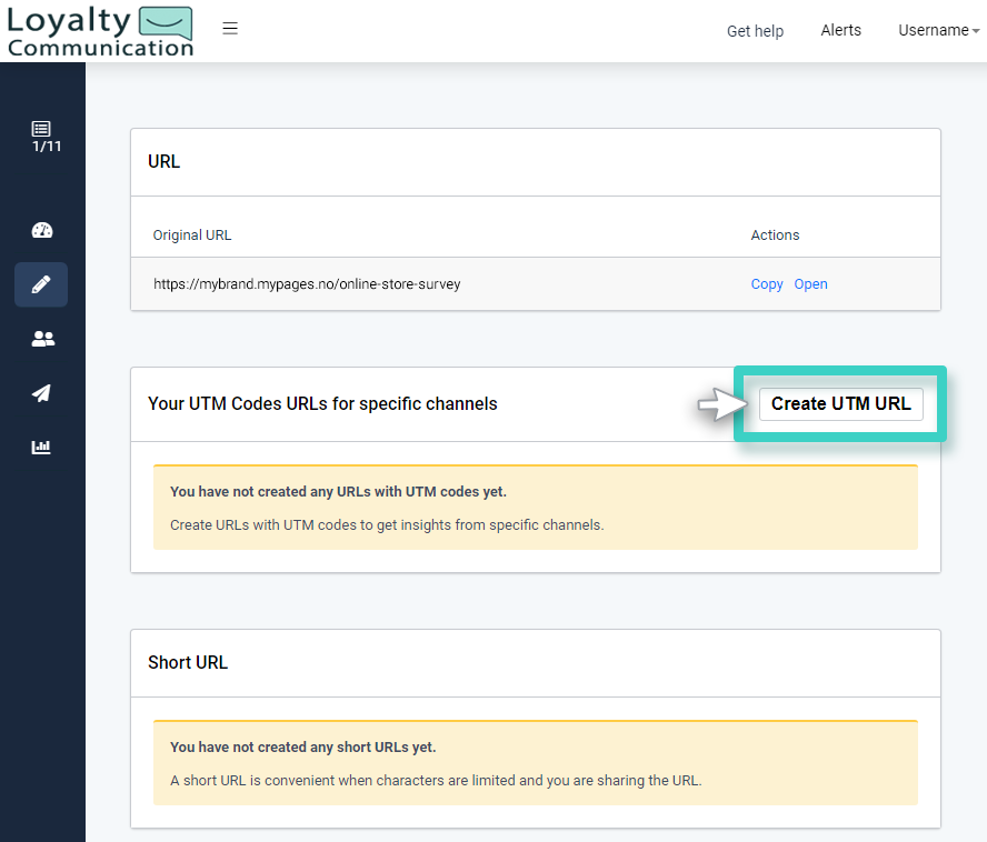 Landing page UTM codes. the create UTM url button is highlighted