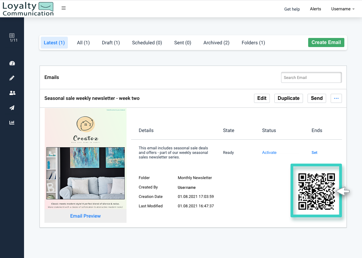 Email Campaign Manager. Active QR Code is Highlighted