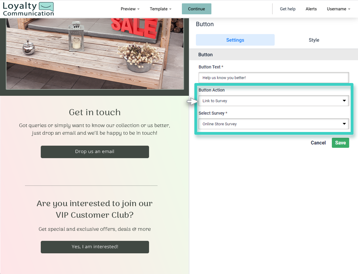 Email button settings tab, action set to confirmed opt-in verification