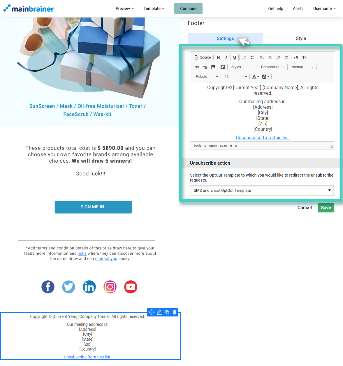 Email footer widget settings Email creator, footer widget. Footer settings tab is highlighted