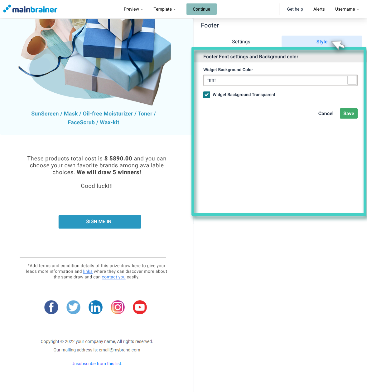 Email footer style Email creator, footer widget. Footer font settings and background color