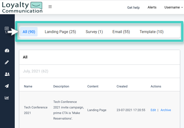 Campaign folder filter. Options are: all, landing page, survey, email and template