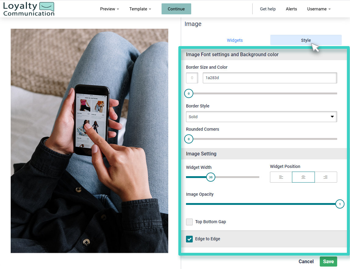 Landing page image widget. The style tab is highlighted