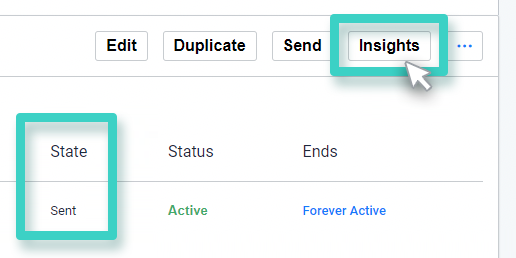 Landing page insights button Landing page creations, landing page insights button is highlighted