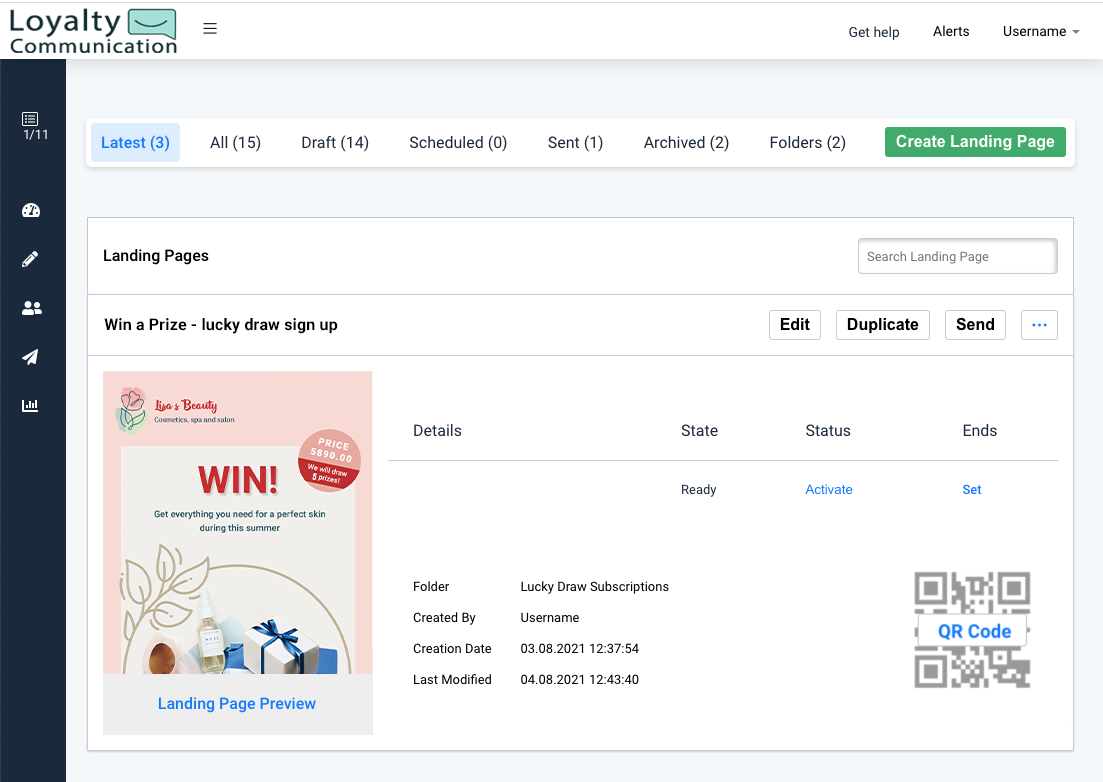 Landing Page list. Recent landing page is visible