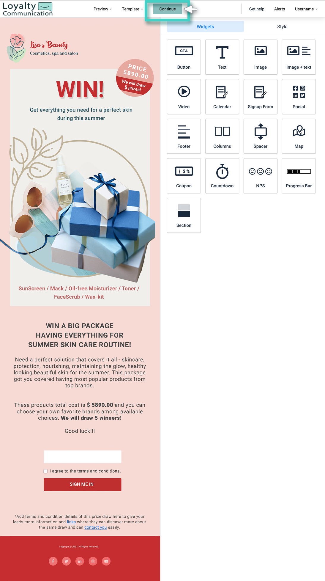 Landing Page Qr Code widget. Continue button is highlighted
