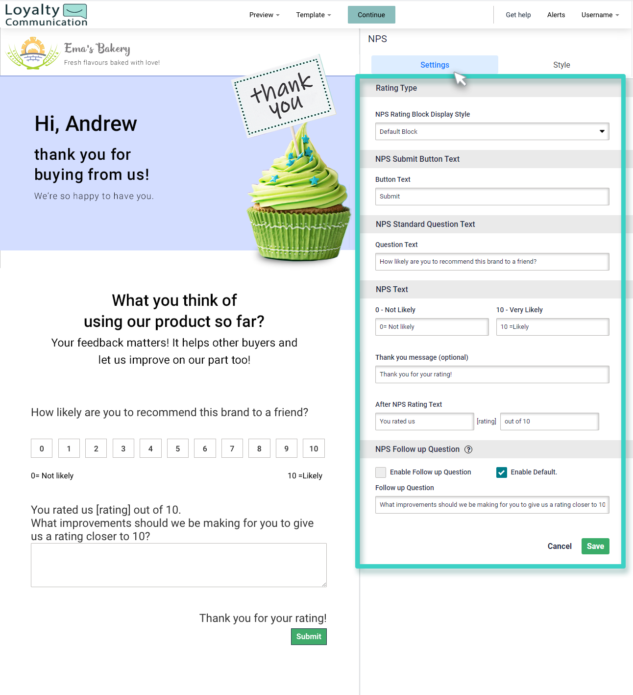Landing page NPS widget. The settings tab is highlighted
