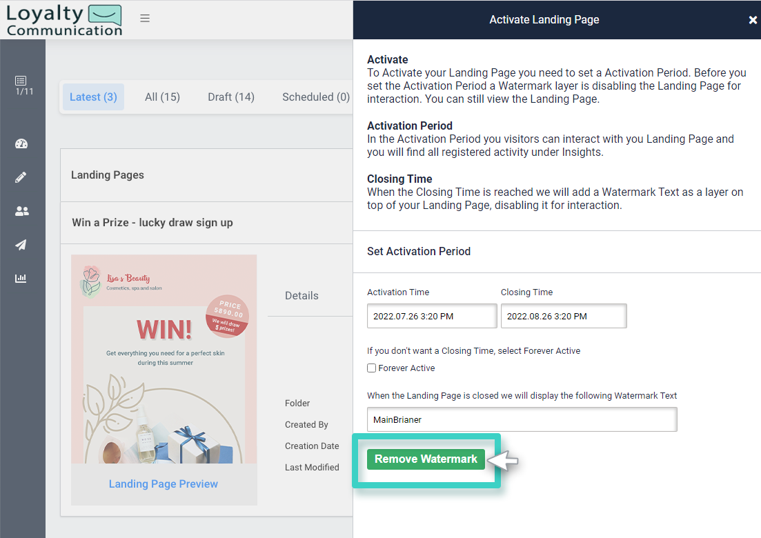 Activate Landing Page. Remove Watermark is highlighted