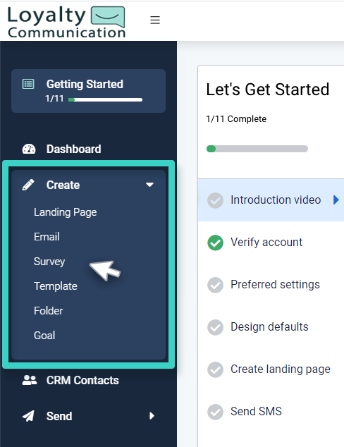 Survey sub menu New Survey create menu. Survey is highlighted