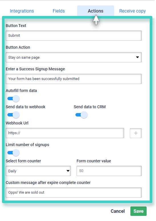 Customer signup rules, settings tab. Choose button text and action