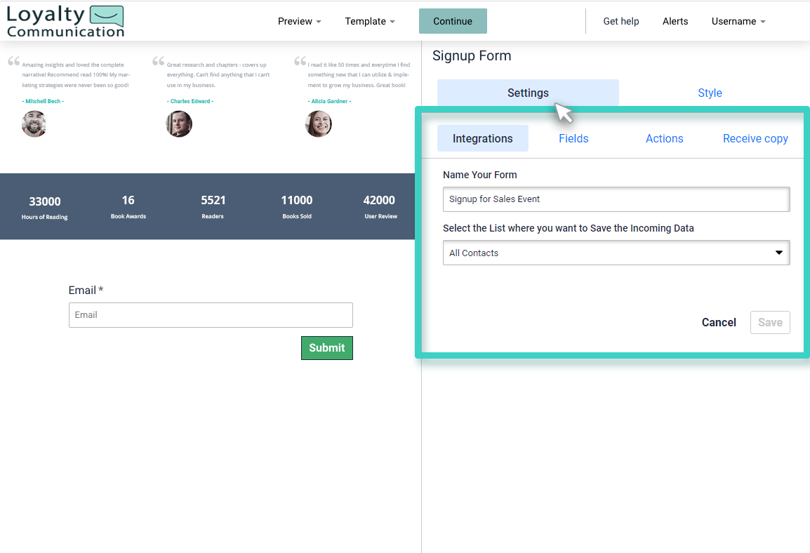 Customer signup rules, signup form settings. Integrations tab