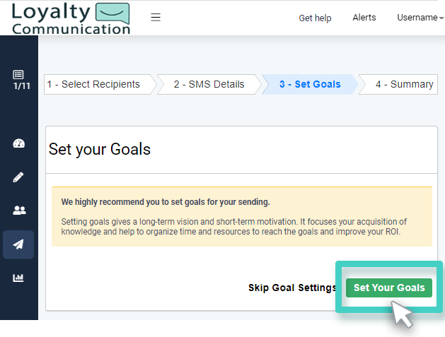 SMS campaign sending goals. The set your goals button is highlighted