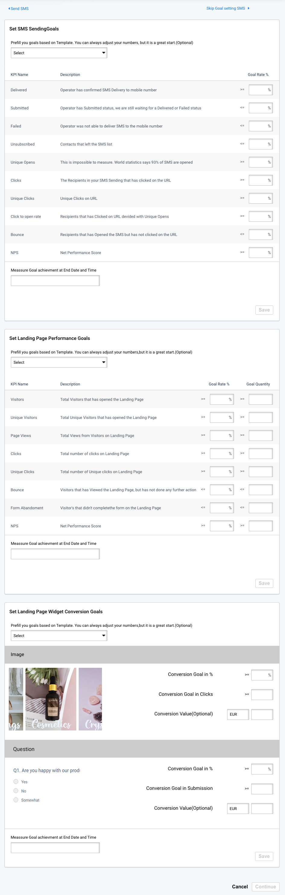 Delivery, performance, and conversion goals for SMS sending with landing page